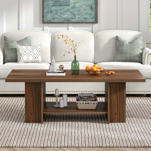 FOLUBAN Coffee Table, Modern Wood Living Room Table with Storage Bottom Shelf & Side Shelves, Rectangle Center Table Cocktail Tea Table for Home Office, Rustic Walnut, 47 Inch - color: Walnut