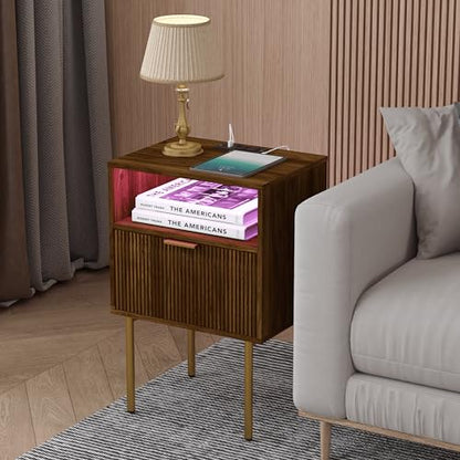 JOONEE Nightstand with Outlet and Led Light, Bedside Table with Storage Drawer, Fluted Side Table for Living Room, Bedroom - color: Walnut Brown