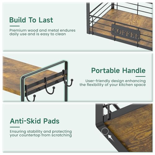 EsLuker.ly Coffee Mug Cup Holder Tree Bar Station Organizer, 2 Tier Mug Stand Rack for Countertop Kitchen, Storage Tower Display Shelf with 12 Hooks, Coffee Nook Enhancer - color: Antique Brown + Black