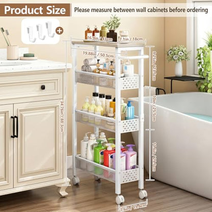 Utility Slim Rolling Storage Cart, 4-Tier Narrow Metal Organizer with Wood Top, 7.1" Width Utility Cart for Kitchen, Bathroom, Laundry Room, Small Spaces, White