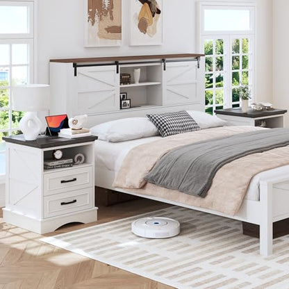 Fluest 24" Tall Farmhouse Nightstands Set of 2, Night Stands with Fast Charging Station, Beside Tables with Drawers and Open Storage, Rustic End Tables for Bedroom, Antique White - color: Antique White