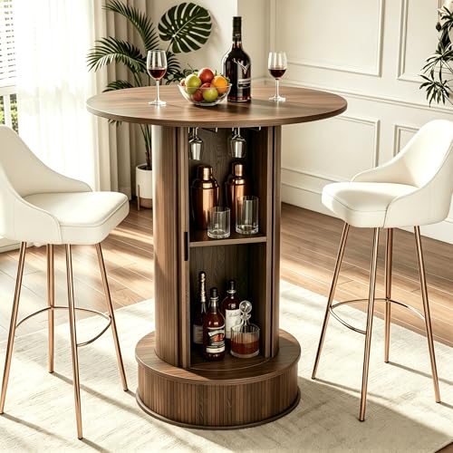 Round Bar Table with 2-Tier Hidden Storage, 38.1" H Wood High Top Table, Bistro Pub Table with Footrest, Cocktail Tables for Coffee Bar, Kitchen Dining Room, Small Space (Walnut) - color: Walnut