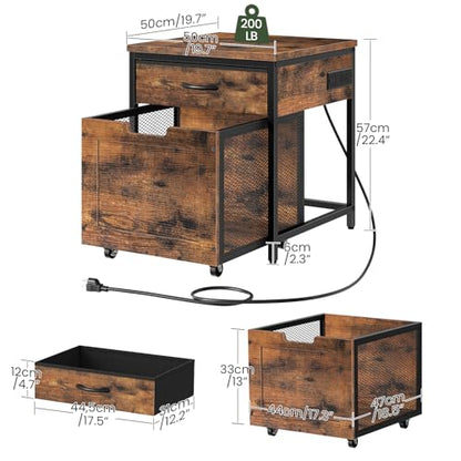 CHOEZON Mini Fridge Stand with Power Outlet, Large Side Table with 2AC and 2 USB Ports, Mobile Beverage Cart with Fabric Drawer for Dorm, Kitchen, Living Room, Rustic Brown and Black TBZ56UBF