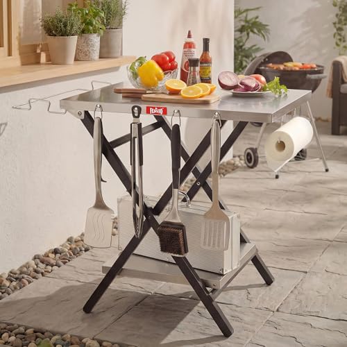 Feasto Outdoor Grill Table, Folding Prep Table, 30" x 24", Stainless Steel | with Garage Rack & Tissue Holder, Foldable Pizza Oven Stand & Griddle Stand for Gathering and Party - color: Silver