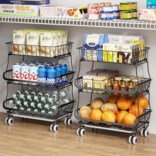 Giwil 3-Tier Rolling Pantry Organizers with Wheels, Stackable Wire Basket for Kitchen Pantry Shelves, Vegetable Storage Rack Pantry Cart for Snack Fruit Onion Potato, Black