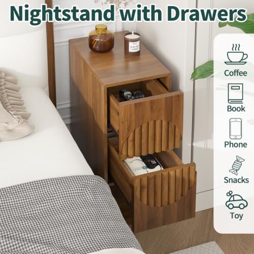 9.8" Narrow Nightstand with 2 Drawers, Slim End Table, Small Bedside Table | Fluted side table, push to open design, for small area, sapce saving, walnut, for living room, for bedroom