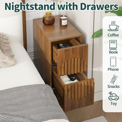 9.8" Narrow Nightstand with 2 Drawers, Slim End Table, Small Bedside Table | Fluted side table, push to open design, for small area, sapce saving, walnut, for living room, for bedroom
