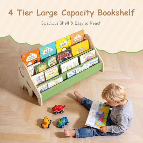 LAMU Kids Bookshelf, 4 Tier Solid Pine Wood Toddler Bookshelf, Book Shelf for Kids Rooms, Portable Montessori Bookcase, Childrens Book Storage Display for Baby's Bedroom Nursery Playroom (Elephant)