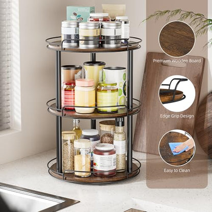 LAMU 12'' Wood Lazy Susan Turntable Organizer for Cabinet, 3 Tier Lazy Susan Spice Rack Organizer for Kitchen, Wood Turntable for Table Top, Countertop, Pantry, Bathroom - size: 12 inches 3 Tier