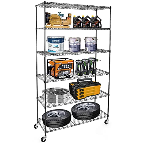 NSF Certified Storage Shelves on Wheels, Heavy Duty Metal Shelves for Storage with Adjustable Stand, 6-Tier Wire Shelving Unit for Garage Pantry Kitchen Shelf Rack(17" W*47" D*80" H), Black - size: 6tier 47"D x 14"W x 80"H