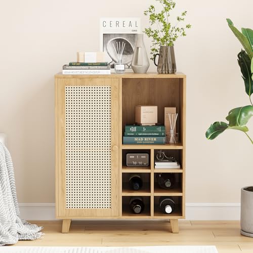Farini 27.6" Buffet Cabinet with 6 Racks and Rattan Doors,Kitchen Sideboard for Dining Room, Hallway & Living Room, Coffee Bar Storage Console Table,Natural - color: Walnut, size: 27.6 inch-Racks