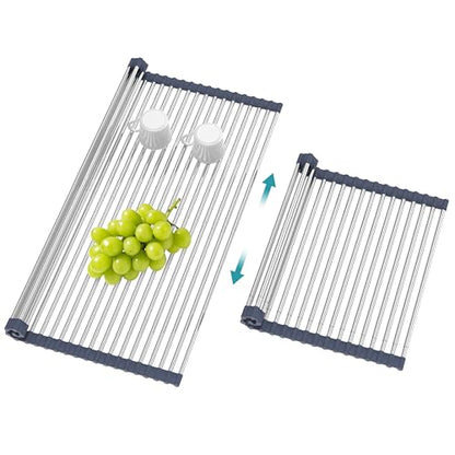 BBXTYLY Extra Large Expandable Roll Up Dish Drying Rack,Over The Sink Drying Rack Sink Cover Kitchen Sink Accessories Kitchen Rolling up Stainless Steel Drainer, Foldable,Rollable（Grey，22.8'-17.3''） - color: Gray, style: 22 tubes,expandable
