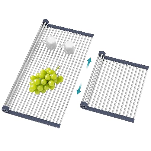 BBXTYLY Extra Large Expandable Roll Up Dish Drying Rack,Over The Sink Drying Rack Sink Cover Kitchen Sink Accessories Kitchen Rolling up Stainless Steel Drainer, Foldable,Rollable（Grey，22.8'-17.3''） - color: Gray, style: 22 tubes,expandable