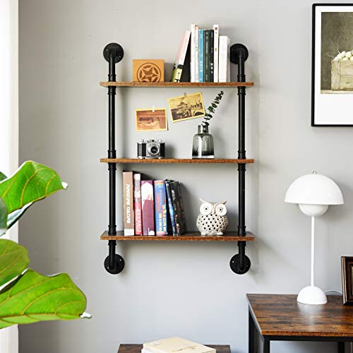 IBUYKE 3-Tiers Industrial Pipe Shelves, Pipe Floating Shelves RF-TM003 | Rustic Wall Mount Bookcase,Metal Bracket Storage Wall Shelf for Bedroom, Kitchen - size: 3 Tier
