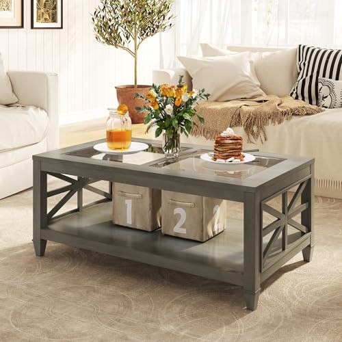 2-Tier Solid Wood Rectangle Coffee Table with Glass, Antique Color | dual tempered glass, storage lower shelf, asterisk-shaped leg, rustic large center table, for living room, 45.5x26x19in - color: Antique Color, size: 45.5"D x 26"W x 19"H