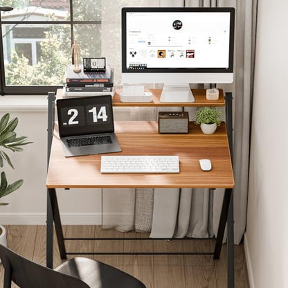 DUMOS Folding Desk with Shelf, No Assembly Computer Desk, Small Space Brown | Foldable Desk with Shelf Saves Space for Bedroom, Office and Dorm Use - color: Brown