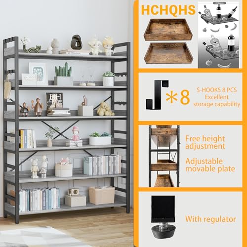 HCHQHS Bookshelf, Adjustable Industrial Bookcase, Vertical Tall Book Shelf, Wood and Black Metal Open Bookshelves for Home Office, Living Room, Bedroom (Grey, 6-Tier (47" W x 70" H)) - color: Grey, size: 6-Tier (47"W x 70"H)