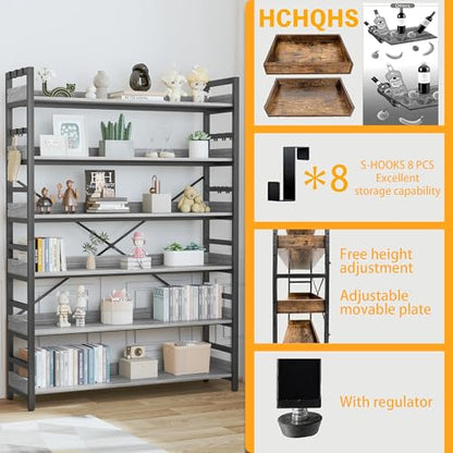 HCHQHS Bookshelf, Adjustable Industrial Bookcase, Vertical Tall Book Shelf, Wood and Black Metal Open Bookshelves for Home Office, Living Room, Bedroom (Grey, 6-Tier (47" W x 70" H)) - color: Grey, size: 6-Tier (47"W x 70"H)