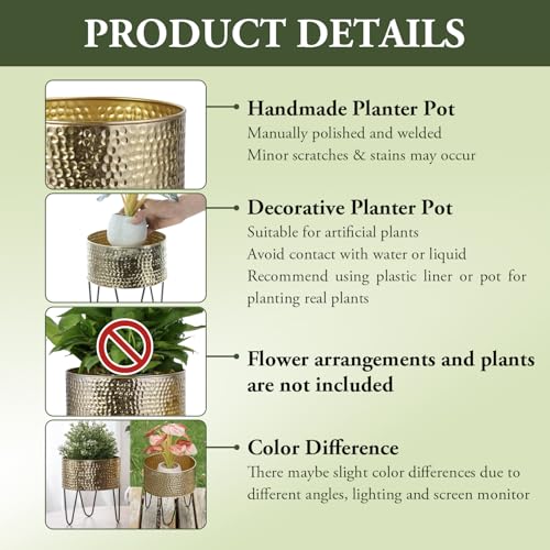 MyGift Modern Brass Tone Metal Planter Pots with Pebbled Texture, Hammered Plant Containers with Matte Black Wire Stands, 2 Piece Set, 8 and 10 Inch - Handcrafted in India - color: Brass