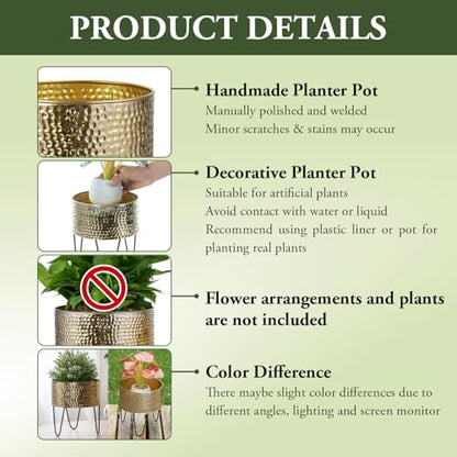 MyGift Modern Brass Tone Metal Planter Pots with Pebbled Texture, Hammered Plant Containers with Matte Black Wire Stands, 2 Piece Set, 8 and 10 Inch - Handcrafted in India - color: Brass
