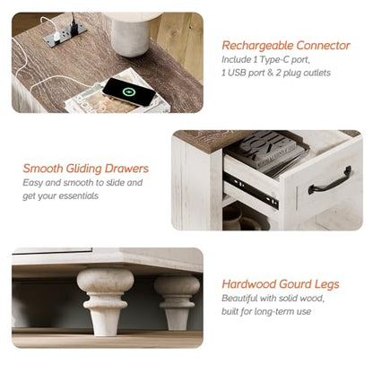 WAMPAT Antique White End Table with Charging Station, Wooden Side Table with Drawer & Storage Cabinet, Farmhouse Nightstand with Power Outlets & USB Ports for Living Room, Bedroom - color: Antique White