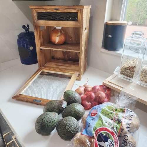 Ikee Design Free Assemble Wood Countertop Potato and Onion Storage Cabinet | Pine wood countertop cabinet with removable shelf stores bread, potatoes, onions and pantry essentials; fully assembled. - color: Rustic Brown, 2 Door
