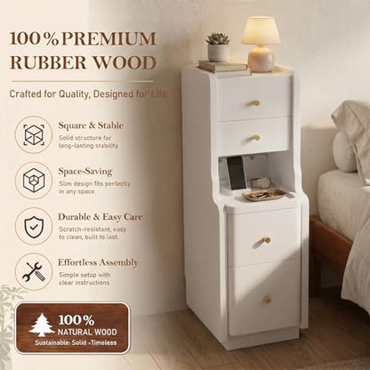 Narrow Nightstand with 4 Drawers, 7.9" Solid Wood Narrow Bedside Table White with Open Shelf & Cable Hole, Modern Night Stand Slim Bedside Table for Bedroom(Fully Assembly) - color: White