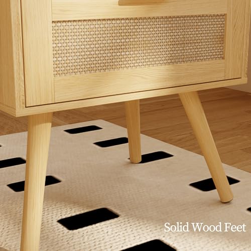 JOONEE Rattan Nightstand with Charging Station,Farmhouse Bedside Table with 2 Storage Drawer and Open Wood Shelf, for Bedroom and Small Spaces,Night Stand with Solid Wood Legs (Yellow Oak-Outlet) - color: Yellow Oak-outlet