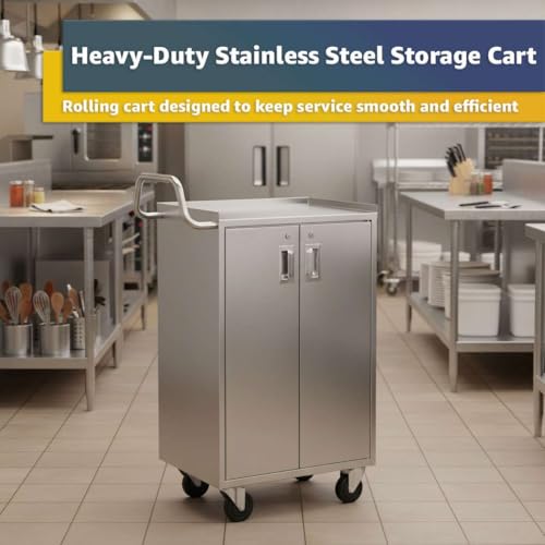 16" x 24" Commercial Stainless Steel Utility Cart with Locking Doors - Four Shelf Enclosed Base, NSF Heavy-Duty Metal Service Cart with Casters for Kitchen, Catering, Restaurant - size: 4 Shelf - Tall