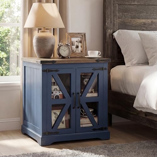Farmhouse End Table, 24" Large End Tables with Storage, Rustic Square Sofa Beside Table with Glass Barn Door, Wood Side Table Square Nightstand for Living Room, Bedroom, Office (Misty Blue) - color: Misty Blue