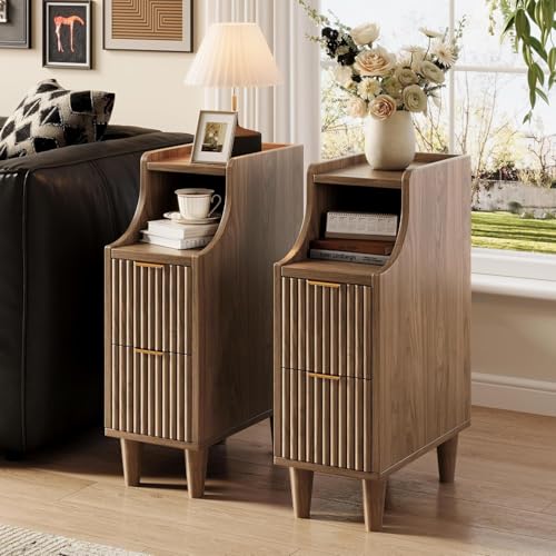 7.9" Narrow Fluted Nightstand Set of 2,Slim Side End Table with 2 Drawers,Black Modern Bedside Table,Skinny Night Stand for Small/Compact Space, Motorhome (Walnut) - color: Walnut