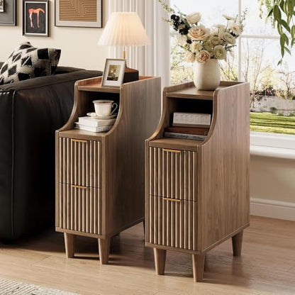 7.9" Narrow Fluted Nightstand Set of 2,Slim Side End Table with 2 Drawers,Black Modern Bedside Table,Skinny Night Stand for Small/Compact Space, Motorhome (Walnut) - color: Walnut