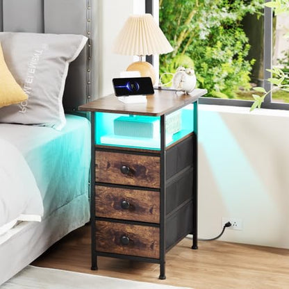AMHANCIBLE Narrow End Table Living Room with Charging Station, Slim LED Nightstand with Fabric Drawers, Skinny Side Table for Bedroom, Small Spaces, Couch, Rustic Brown, HETN013LBR-1 - color: Brown, style: LED Light & Power