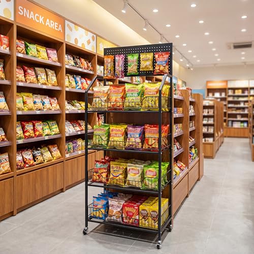 4 Tier Supermaket Snack Rack Display Stand, Retail Display Shelves with Hooks & Wheels, Metal Snack Shelf for Store Home Kitchen, Black Chip Rack Display Stand (4 Tier（60cm）) - size: 4 Tier（23.6inch）