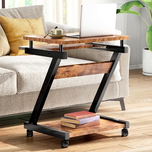 sogesfurniture Small Mobile Computer Desk with Keyboard Tray, Z-Shaped Compact Study Table, Rolling Workstation for Home and Office with Printer Shelf, Keyboard Drawers, Rustic Brown - color: Rustic Brown