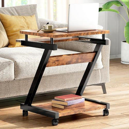 sogesfurniture Small Mobile Computer Desk with Keyboard Tray, Z-Shaped Compact Study Table, Rolling Workstation for Home and Office with Printer Shelf, Keyboard Drawers, Rustic Brown - color: Rustic Brown