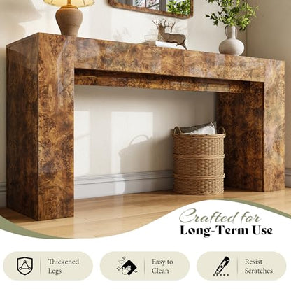 AMERLIFE 63" Burl Wood Console Table, Modern High Gloss Entryway Table with 2 Storage Drawers, Long Sofa Table Behind the Couch for Entrance, Hallway, Foyer, Living Room, Brown - color: Brown