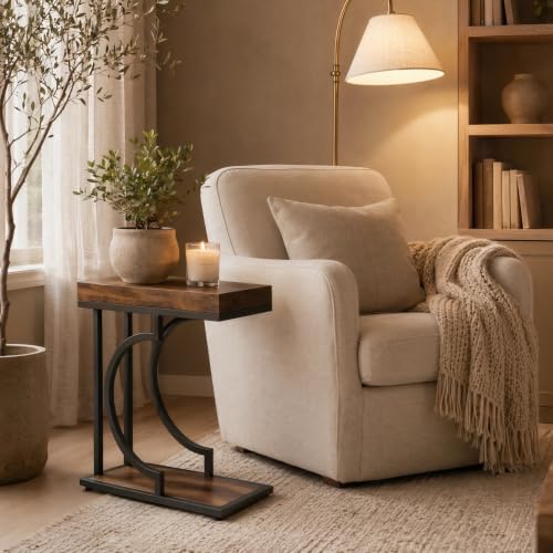 Tribesigns C Shaped Modern End Table for Coach with Metal Frame | Wood Grain, Small Side Table for Living Room, Nightstand for Bedroom, Rustic Brown&Black - color: Brown+black