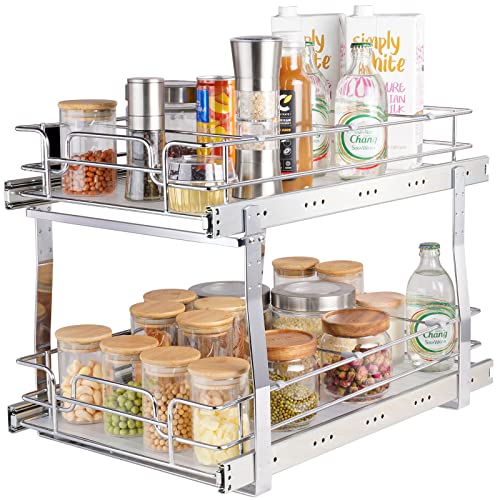 VEVOR Pull Out Cabinet Organizer, 14" Wx21.2 Dx15.2 H Heavy 2 Tier Duty Slide Out Pantry Shelves, Chrome-Plated Steel Roll Out Drawer for Under Sink, 15.5" Wx22.5 Dx19 H Install Size for Cabinet - size: 14"Wx21.2"Dx15.2"H