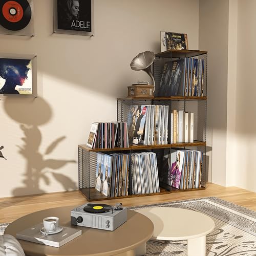 Honkazita 1 Cube Vinyl Record Storage Furniture - DIY Stackable 40-55 Vinyl Album Visualize Storage - Natural Wooden Organizer Crate Cabinet