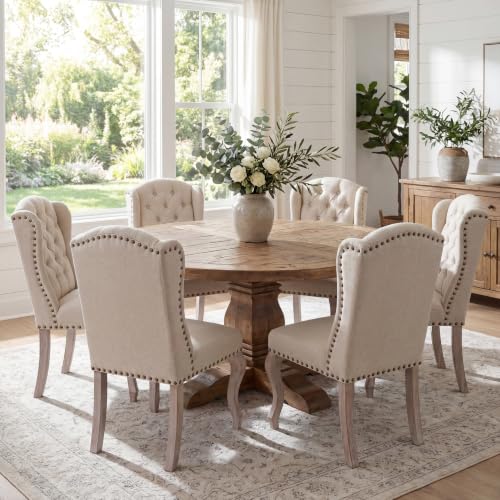 chairus Tufted Parsons Dining Chairs Set of 6, French Country Upholstered Dining Room Chairs with Nailhead Trim & Curved Wood Legs, Farmhouse High Back Armless Side Kitchen Chairs, Beige Linen - color: Beige