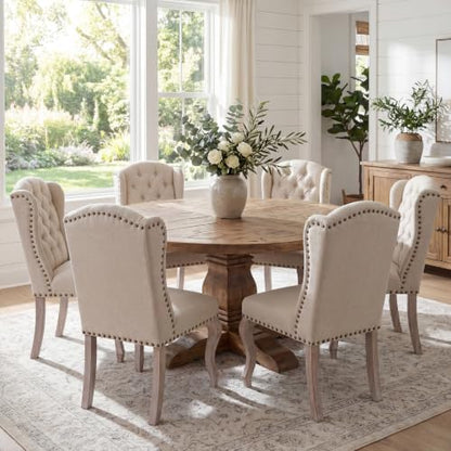 chairus Tufted Parsons Dining Chairs Set of 6, French Country Upholstered Dining Room Chairs with Nailhead Trim & Curved Wood Legs, Farmhouse High Back Armless Side Kitchen Chairs, Beige Linen - color: Beige
