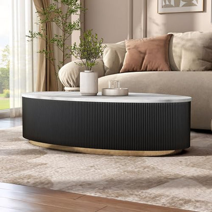 Furniture of America Beryl Modern Oval White Genuine Marble Top Coffee Table with Fluted Pedestal Base and Gold Stainless Steel Accent, Low Profile Table for Living Room, Home Office, Black - size: Coffee table, style: Oval