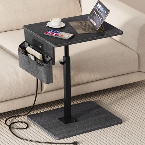 Sofa Armrest Tray Table for Couch - 360° Swivel Height Adjustable Side Table for Small Spaces, Snack Side Table for Bed or Chair, C Shaped End Table Snack Table for Eating Dinner Laptop - color: Gray Walnut, style: With Plug+Storage Bag