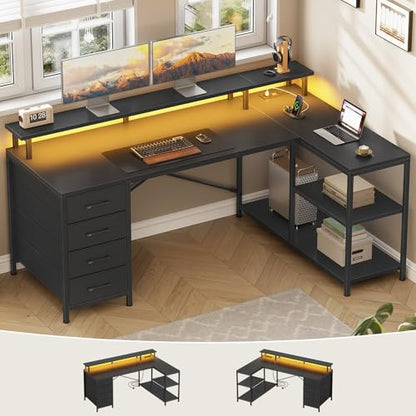 SEDETA L Shaped Gaming Desk with 4 Drawers, Shelves, Power Outlets, Black | L Shaped Desk with LED Lights , Computer Desk with Shelves & Drawer, Corner Desk Home Office Desk - color: Black