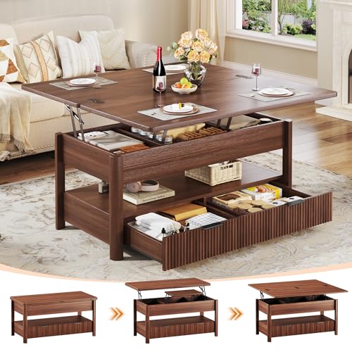 HUAHUU 40" Lift Top Coffee Table, 4 in 1 Square Coffee Table with Storage Shelf & 2 Drawers, Modern Coffee Tables with Lift Tabletop, Converts to Dining Table for Living Room, Home Office, Walnut - color: Walnut, size: 19.7"D x 39.4"W x 19.7"H