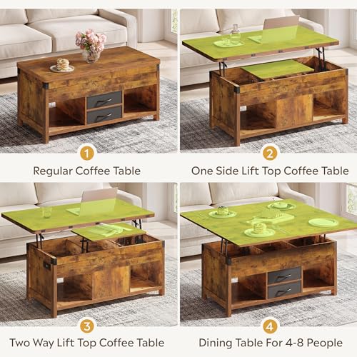 WLIVE 40" Lift Top Coffee Table, 4 in 1 Coffee Tables with Storage, 2 Fabric Drawers, LED Light and USB, Modern Coffee Table with Hidden Compartment for Living Room, Dining Room, Rustic Brown - color: Rustic Brown
