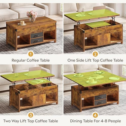 WLIVE 40" Lift Top Coffee Table, 4 in 1 Coffee Tables with Storage, 2 Fabric Drawers, LED Light and USB, Modern Coffee Table with Hidden Compartment for Living Room, Dining Room, Rustic Brown - color: Rustic Brown