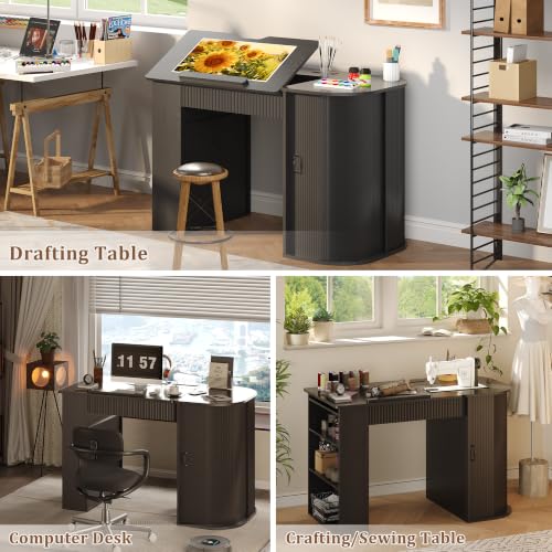 Drafting Table with Storage Cabinet & Drawers, Adjustable Drawing Table with Open Shelves, Crafting Table Art Desk for Home Office, Reading, Writing, Crafting, Painting (Black) - color: Black
