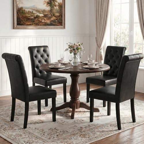 LSSBOUGHT Upholstered Dining Chairs Set of 4,Tufted Parsons Kitchen Chair with Solid Wood Legs, Modern PU Leather Side Chair for Dining Room/Restaurant(4pcs,Black) - color: Black-pu, size: Set of 4